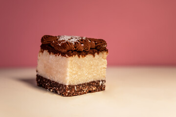 Vegan Chocolate Mint Cake on pink background, close up