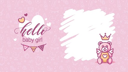 Hello little princess vector poster with typographic composition, teddy toy and bunting flags. Baby Shower Pink Background. Baby Arrival Cartoon Vector Illustration with Copy Space