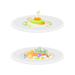 Haute or Grande Cuisine with Meticulous Food Preparation and Serving on Plate with Fancy Garnish Vector Set