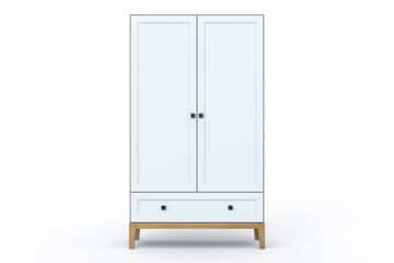 3D illustration. White modern design wardrobe with decorative black metal handles isolated on white background. Solid oak wood legs. Frame facades. Two doors and one drawer. Scandinavian style.