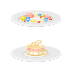 Haute or Grande Cuisine with Meticulous Food Preparation and Serving on Plate with Fancy Garnish Vector Set