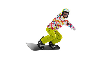 Obraz premium Portrait of young woman in bright sportswear, goggles and helmet snowboarding isolated on white studio background. Concept of winter sports