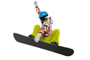 Portrait of young woman in bright sportswear, goggles and helmet snowboarding isolated on white...