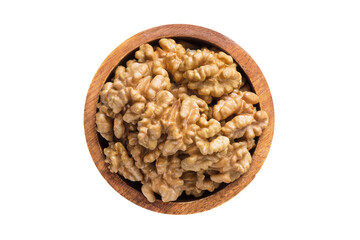 walnut peeled in wooden bowl isolated on white background. Vegan food, top view.