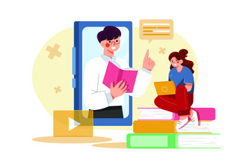 Student woman on top of phone and teacher at notebook