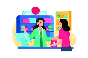 Doctor pharmacist in a drugstore Illustration concept. Flat illustration isolated on white background.