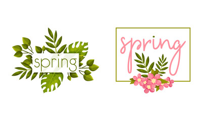 Spring Frame with Green Foliage and Leafy Plant Vector Set