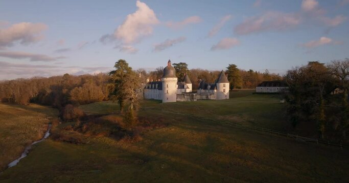 Aerial shot of the castle of the Gu&eacute; P&eacute;an by sunset in Monthou-sur-Cher, next to the Loire Valley, in France.