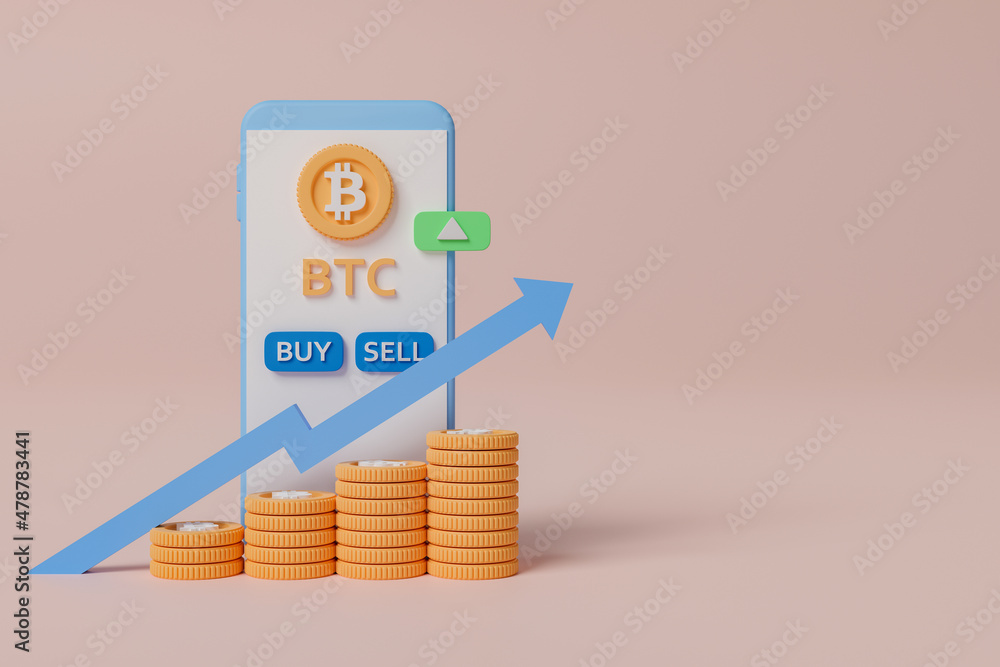 Poster 3d rendering concept cryptocurrency illustration. bitcoin trading application on smartphone with up 