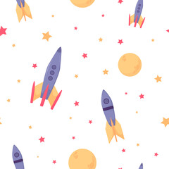 Rockets seamless pattern. Background with rockets, moon and stars on white. Print illustration for children, nursery, wrapping paper, apparel. Space pattern.