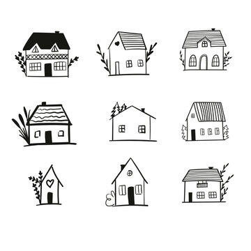 Collection of the hand drawn home, house logos, icons and gardens. Vector illustration
