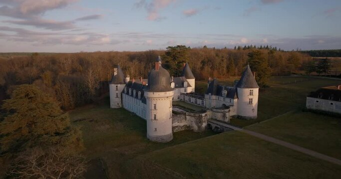 Aerial shot of the castle of the Gu&eacute; P&eacute;an by sunset in Monthou-sur-Cher, next to the Loire Valley, in France.