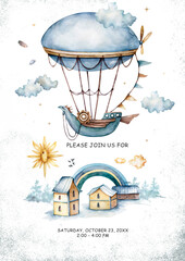 Watercolor air balloons and clouds in pastel colours on white background