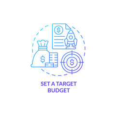 Set target budget blue gradient concept icon. Financial goal. Startup budgeting abstract idea thin line illustration. Isolated outline drawing. Roboto-Medium, Myriad Pro-Bold fonts used