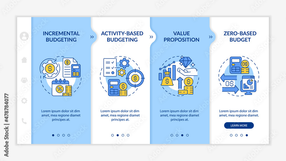 Poster budgeting types blue and white onboarding template. various approaches. responsive mobile website wi