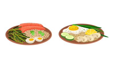 Appetizing Thai Cuisine Dish with Rice and Salmon on Plate Vector Set