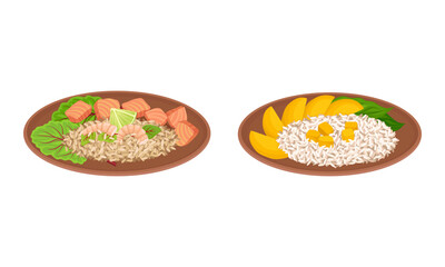 Appetizing Thai Cuisine Dish with Rice Served with Salmon Slab and Mango Vector Set