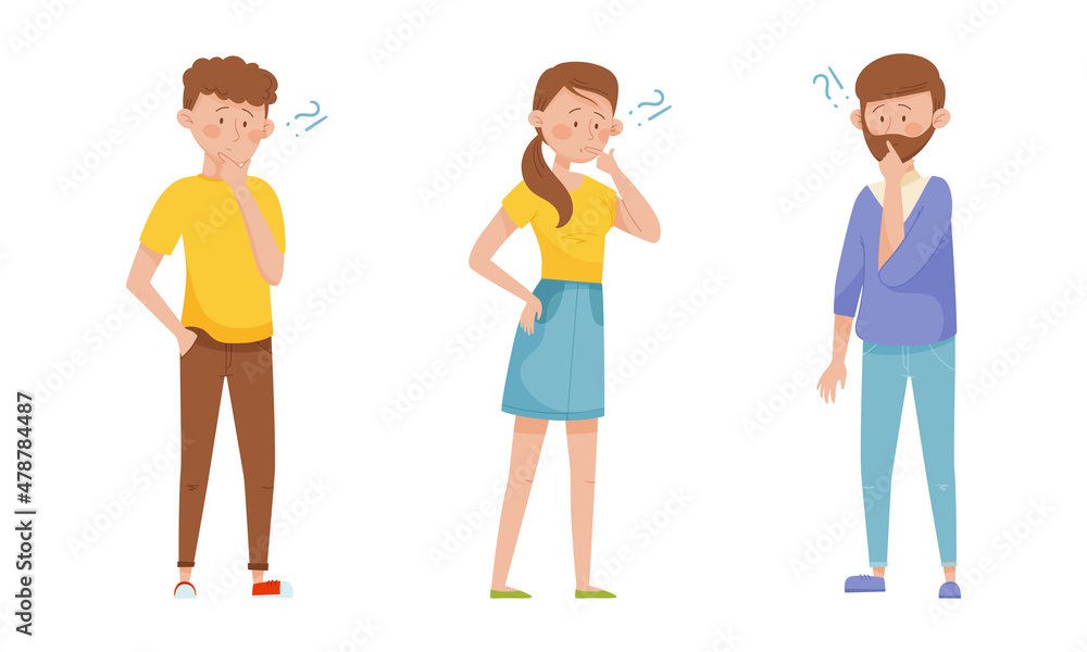 Poster thoughtful man and woman character with question mark thinking over the matter vector set