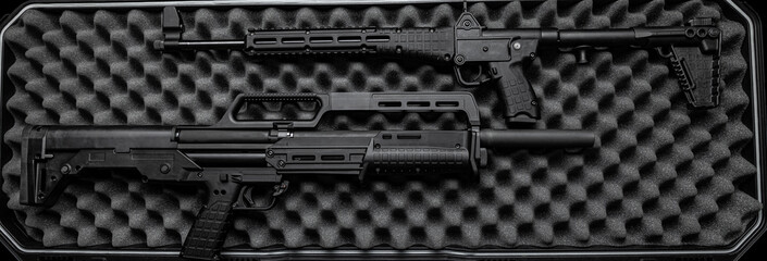 Modern pump action 12 mm smoothbore shotgun and a folding 9 mm rifle on a gray foam back. Weapon in an open case.