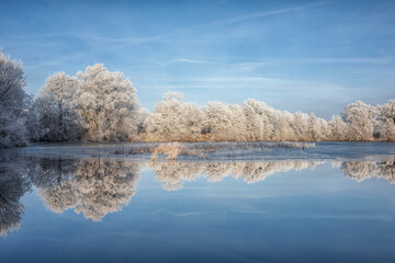 Wasserspiegelung am zugefrorenen See im Winter