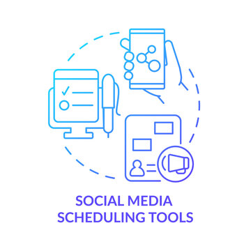 Social media scheduling tools blue gradient concept icon. Prioritizing multiple posts abstract idea thin line illustration. Isolated outline drawing. Roboto-Medium, Myriad Pro-Bold fonts used