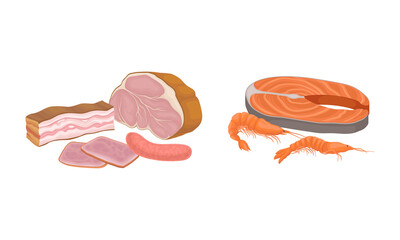 Meat Slab and Seafood with Salmon Fish Steak and Shrimp Vector Set