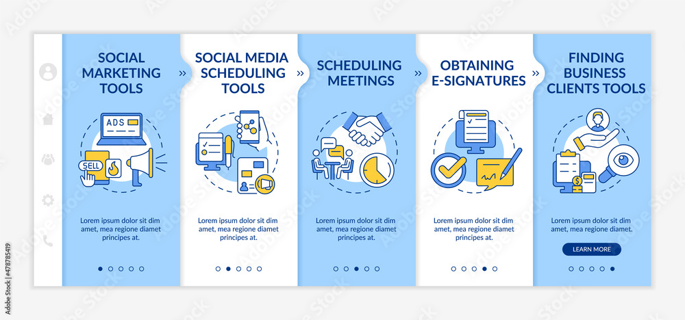 Poster business tools for entrepreneurs blue and white onboarding template. scheduling. responsive mobile w
