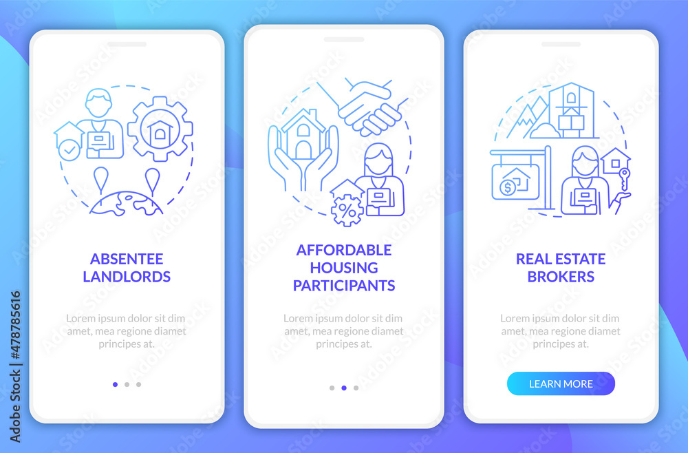 Poster property agents clients blue gradient onboarding mobile app screen. job walkthrough 3 steps graphic 
