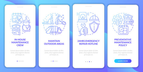 Maintenance blue gradient onboarding mobile app screen. Service walkthrough 4 steps graphic instructions pages with linear concepts. UI, UX, GUI template. Myriad Pro-Bold, Regular fonts used