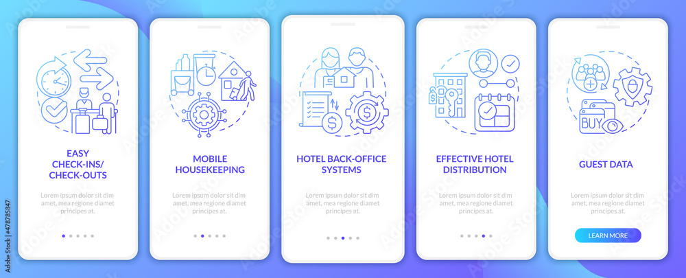 Poster pms in hotels blue gradient onboarding mobile app screen. tech walkthrough 5 steps graphic instructi