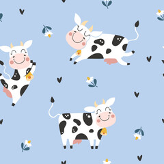 Seamless childish pattern with cute cow. Creative kids texture for fabric, wrapping, textile, wallpaper, apparel. Vector illustration