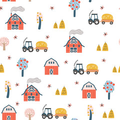 Seamless childish pattern with cute tractor, farm house, tree and haystack. Creative kids texture for fabric, wrapping, textile, wallpaper, apparel. Vector illustration