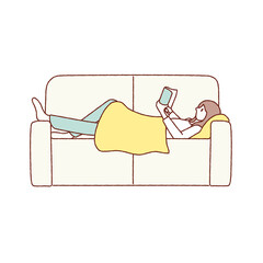 ソファで読書する女性　リラックス　イラスト　