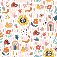 Seamless childish pattern with cute ladybird, butterfly, flowers, snail and caterpillar. Creative kids texture for fabric, wrapping, textile, wallpaper, apparel. Vector illustration