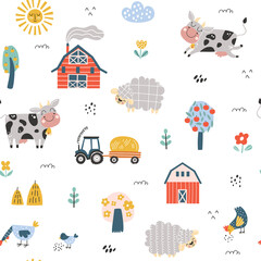 Seamless childish pattern with cute cow, sheep, farm house. Creative kids texture for fabric, wrapping, textile, wallpaper, apparel. Vector illustration