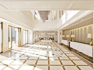 3d render of hotel reception lobby