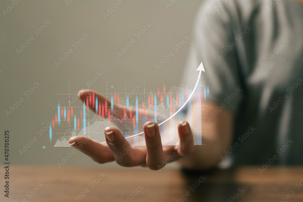 Poster displays a virtual hologram of statistics, graphs, hands and charts with up arrows on the stock exch