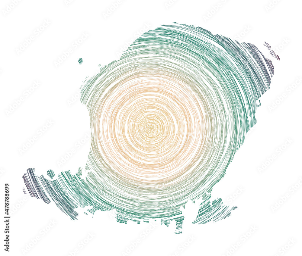 Poster lombok map filled with concentric circles. sketch-style circles in the shape of the island. vector i