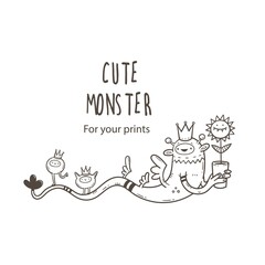Vector card with cute cartoon monster. Funny fictional animal. Doodle line art creature print. Childrens fairy tale poster.