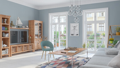 3d Illustration - Skandinavisches, nordisches, gemütliches Wohnzimmer mit einem Sofa, Tisch und Möbeln - Wohnung