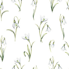 Fototapeta na wymiar Seamless pattern with delicate flowers of snowdrops on an isolated white background. Watercolor botanical flowers for textiles, wrapping paper or your other design.