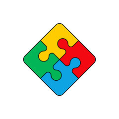 Puzzle icon. Four colored puzzle pieces. Isolated raster illustration on white background.