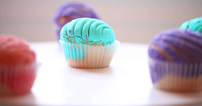 Rotating camera around of some Homemade Blue Manteconcha, Mexican Sweet Bread