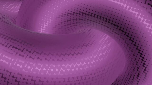 Abstract pink twisting and moving 3D shapes resembling snake. Design. Thick rings with its surface covered by shiny scale.