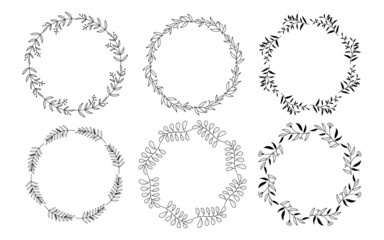 Set of hand drawn doodle round floral wreaths frames. Flower line and leaf circle frames design elements for wedding, mothers day, birthday, invitations.