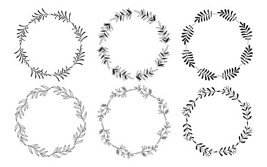 Set of hand drawn doodle round floral wreaths frames. Flower line and leaf circle frames design elements for wedding, mothers day, birthday, invitations.