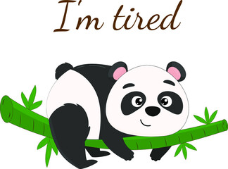 A small panda lies on a bamboo branch. Vector illustration