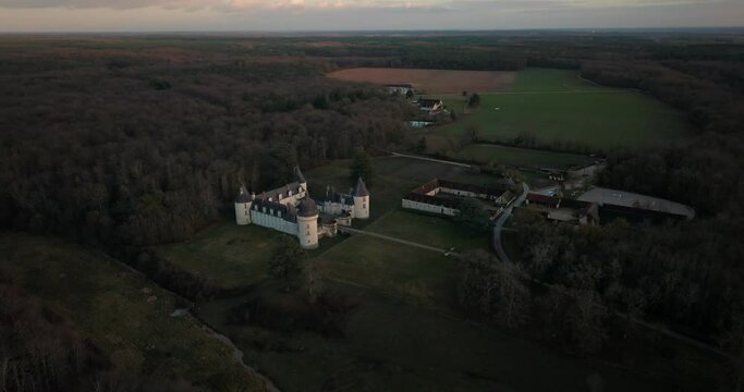 Aerial shot of the castle and stable of the Gu&eacute; P&eacute;an by sunset in Monthou-sur-Cher, next to the Loire Valley, in France.