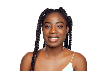 Close-up portrait of young beautiful dark skinned woman without makeup isolated over white studio background. Natural beauty concept.