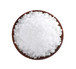 Natural salt in wooden bowl isolated on white, top view